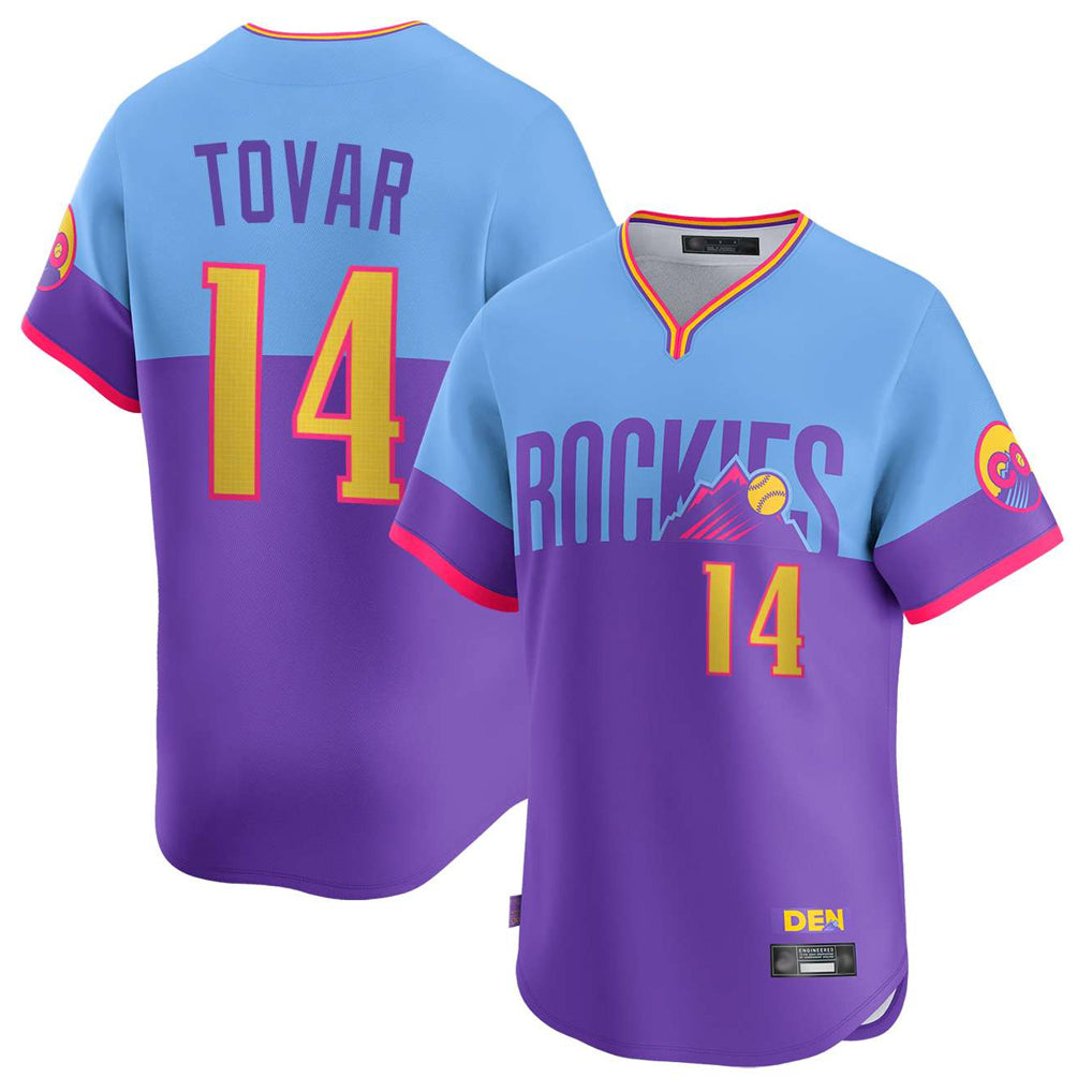 Colorado Rockies #14 Ezequiel Tovar Player Purple-Light Blue HeidiMiller City Connect Limited Home T-shirt Stitched Jerseys