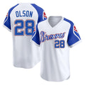 Atlanta Braves #28 Matt Olson Player White HeidiMiller Throwback Cooperstown Collection T-shirt Game Stitched Jerseys