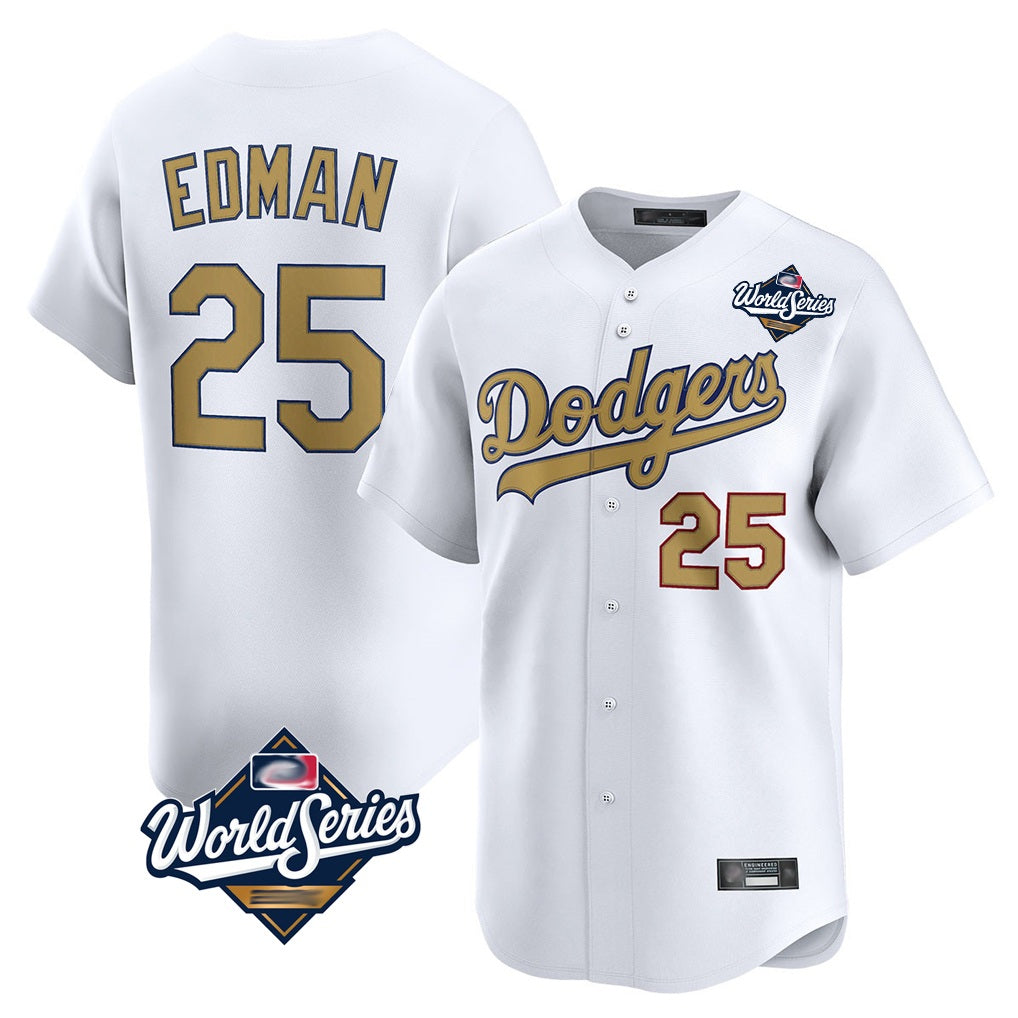 Los Angeles Dodgers #25 Tommy Edman Player White Gold HeidiMiller World Series Collection Limited Home Stitched Jerseys