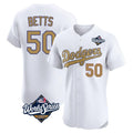 Los Angeles Dodgers #50 Mookie Betts Player White Gold HeidiMiller World Series Limited Elite Home Stitched Jerseys