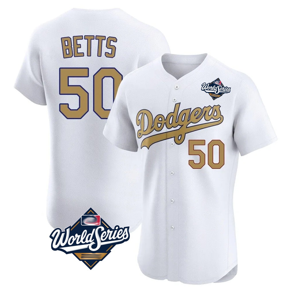Los Angeles Dodgers #50 Mookie Betts Player White Gold HeidiMiller World Series Limited Elite Home Stitched Jerseys