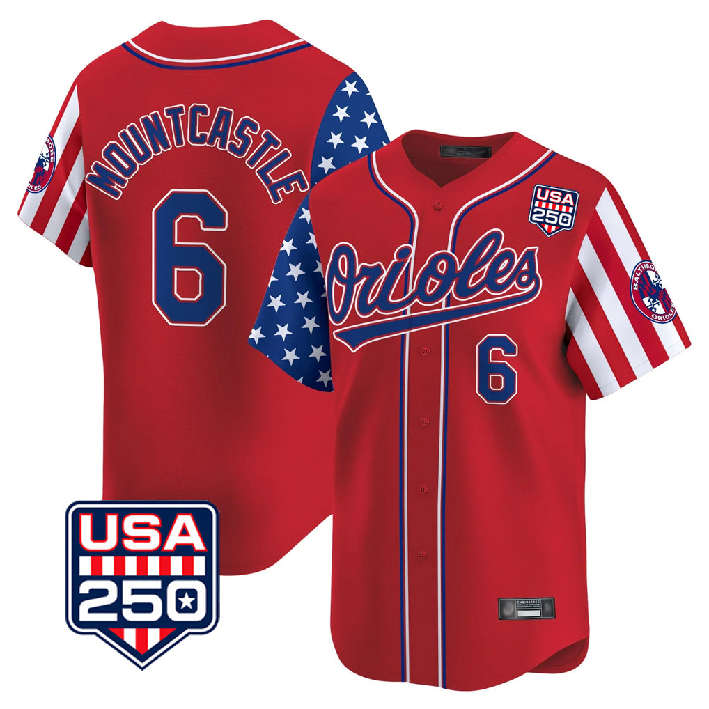 Baltimore Orioles #6 Ryan Mountcastle Player Red HeidiMiller USA 250 Independence Day Vapor Premier Limited Home Game Stitched Jerseys