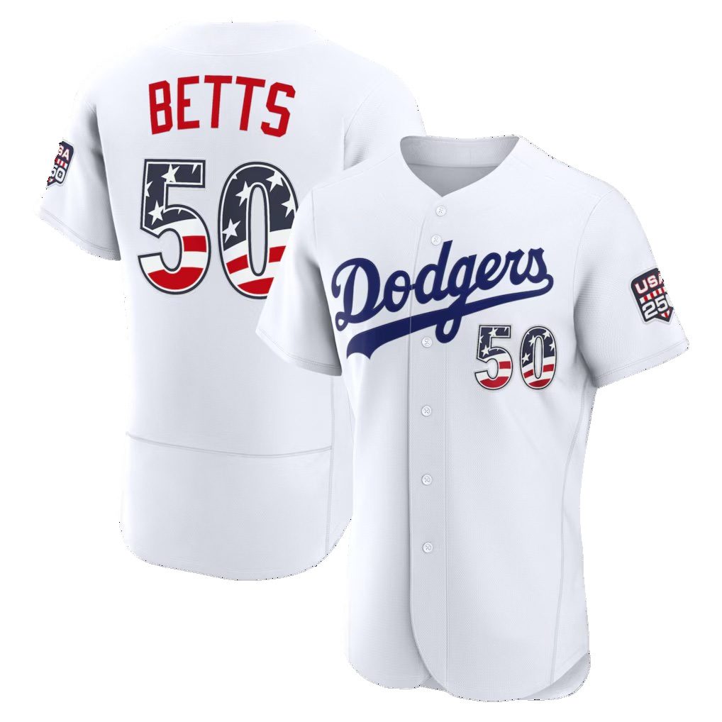 Los Angeles Dodgers #50 Mookie Betts Fourth of July White HeidiMiller USA 250 Authentic Jersey