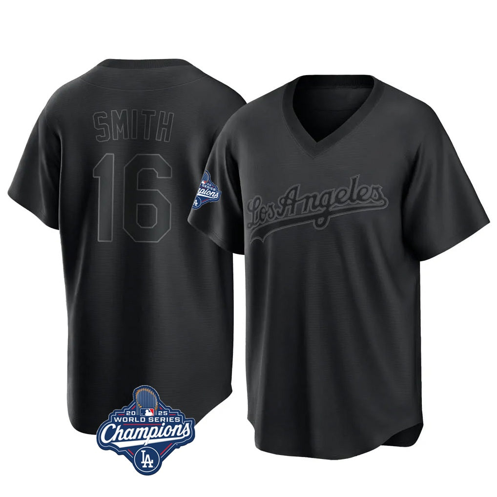 Los Angeles Dodgers #16 Will Smith Player Black HeidiMiller World Series Meet Pitch Fashion T-shirt Stitched Jerseys