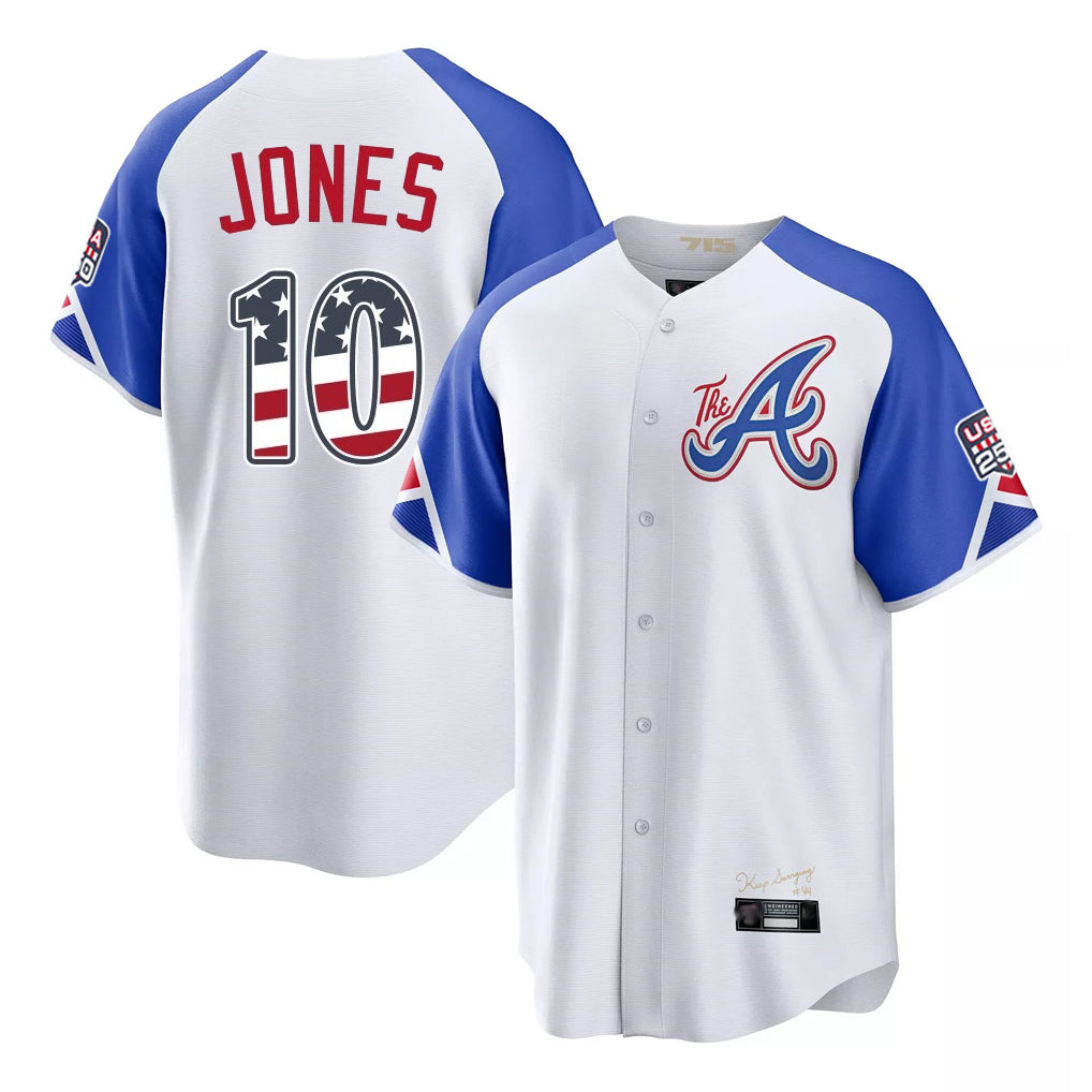Atlanta Braves #10 Chipper Jones Player White HeidiMiller USA 250 Fourth Of July City Connect Home Game Stitched Jerseys
