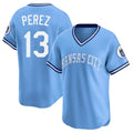 Kansas City Royals #13 Salvador Perez Player Light Blue HeidiMiller Limited Throwback Cooperstown Collection T-shirt Stitched Jerseys