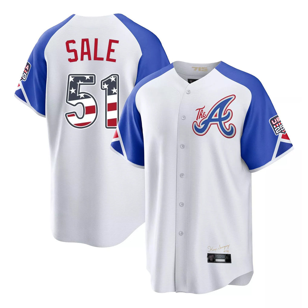 Atlanta Braves #51 Chris Sale Player White HeidiMiller USA 250 Fourth Of July City Connect Home Game Stitched Jerseys