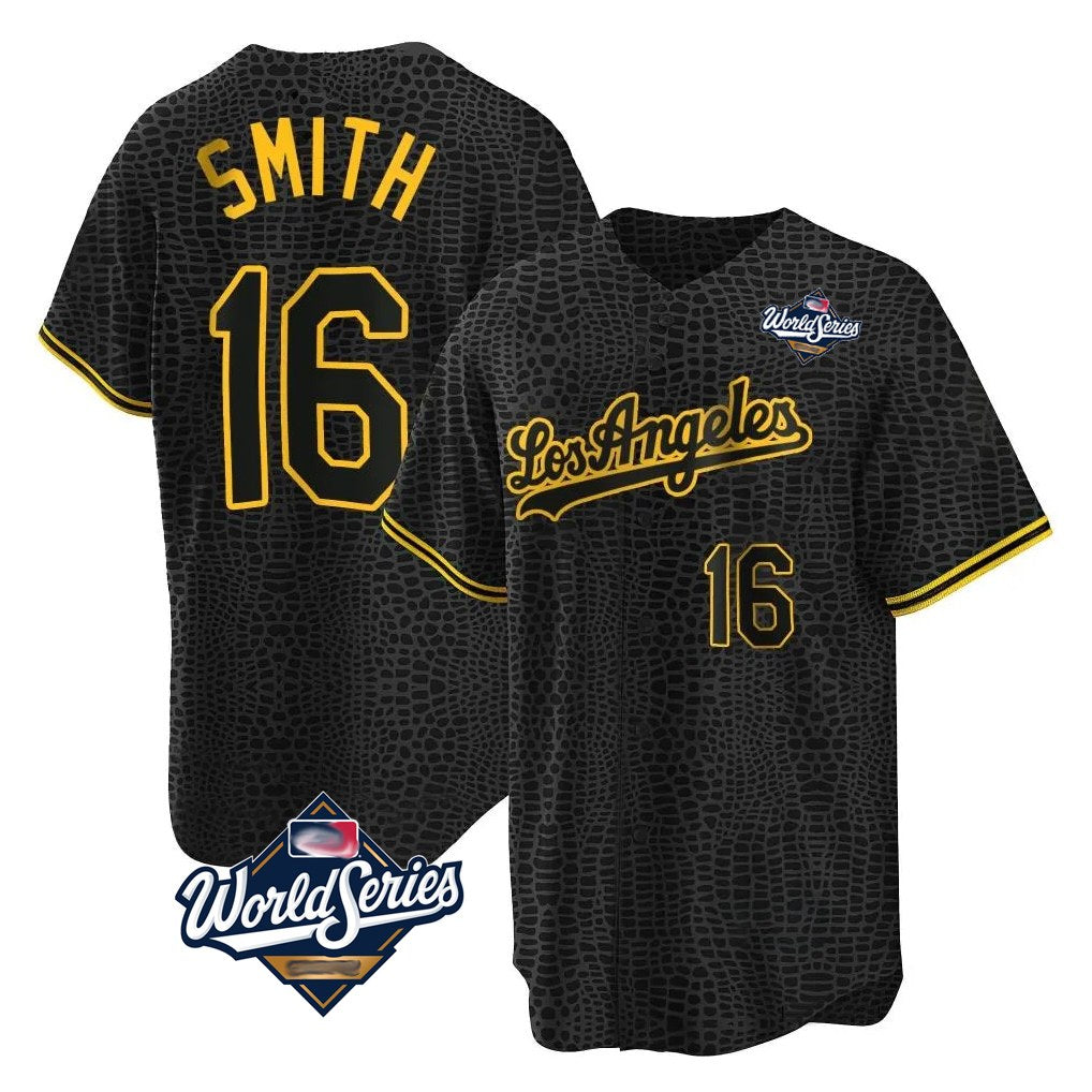 Los Angeles Dodgers #16 Will Smith Player Black HeidiMiller World Series Snake Skin City Game Home Stitched Jerseys