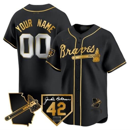 Custom Atlanta Braves 2024 Robinson & Georgia Patch Vapor Premier Limited Jersey ¨C Black Gold HeidiMiller