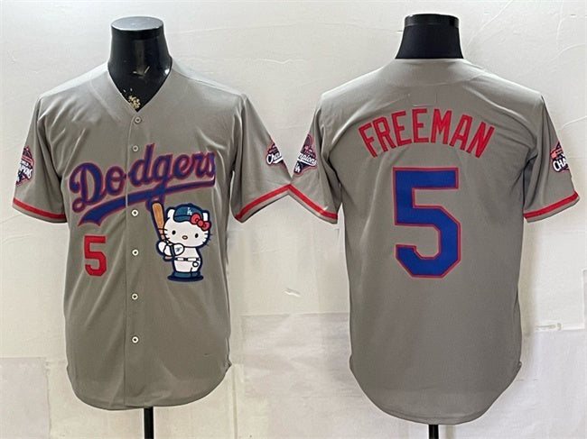 Los Angeles Dodgers #5 Freddie Freeman Grey HeidiMiller Hello Kitty Night 2025 World Series Champions Patch Stitched Jersey