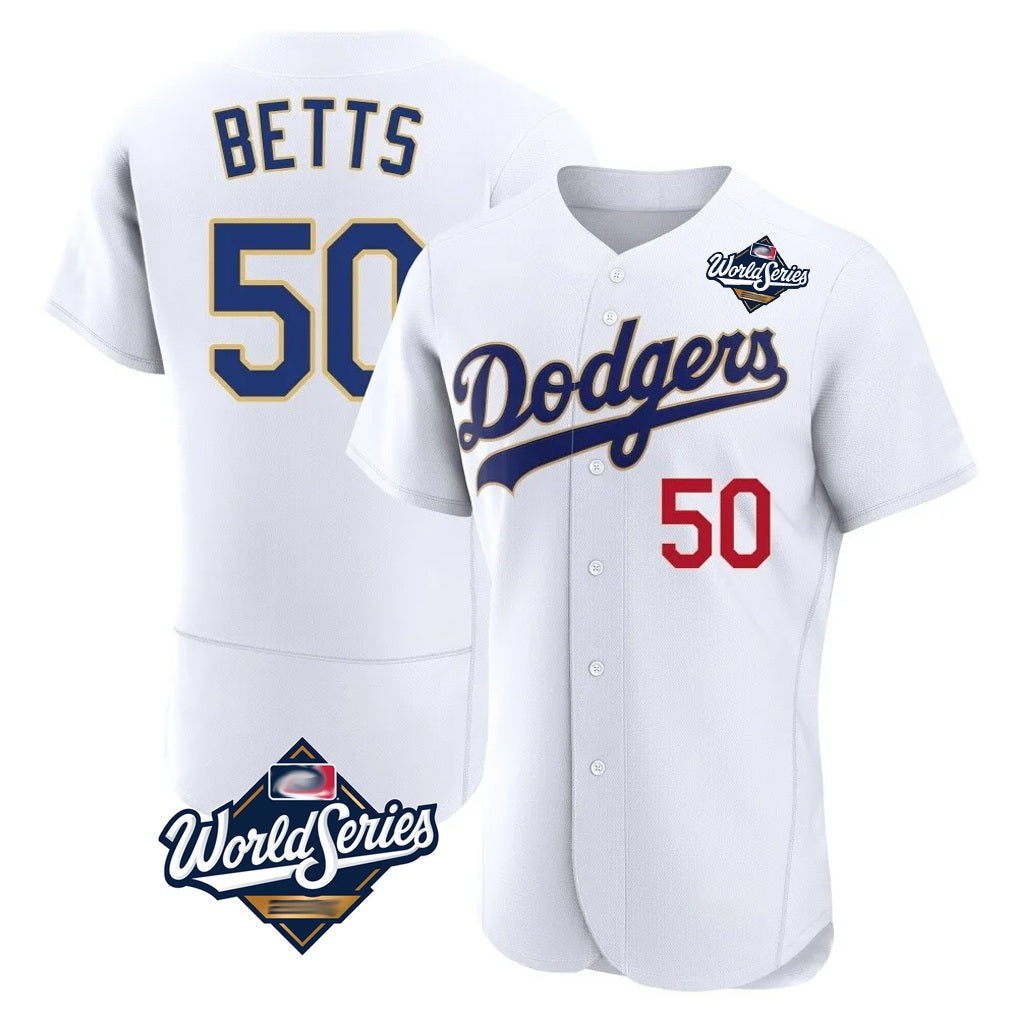 Los Angeles Dodgers #50 Mookie Betts Player Gold White HeidiMiller World Series 2026 Collection Stadium Limited Elite Stitched Jerseys