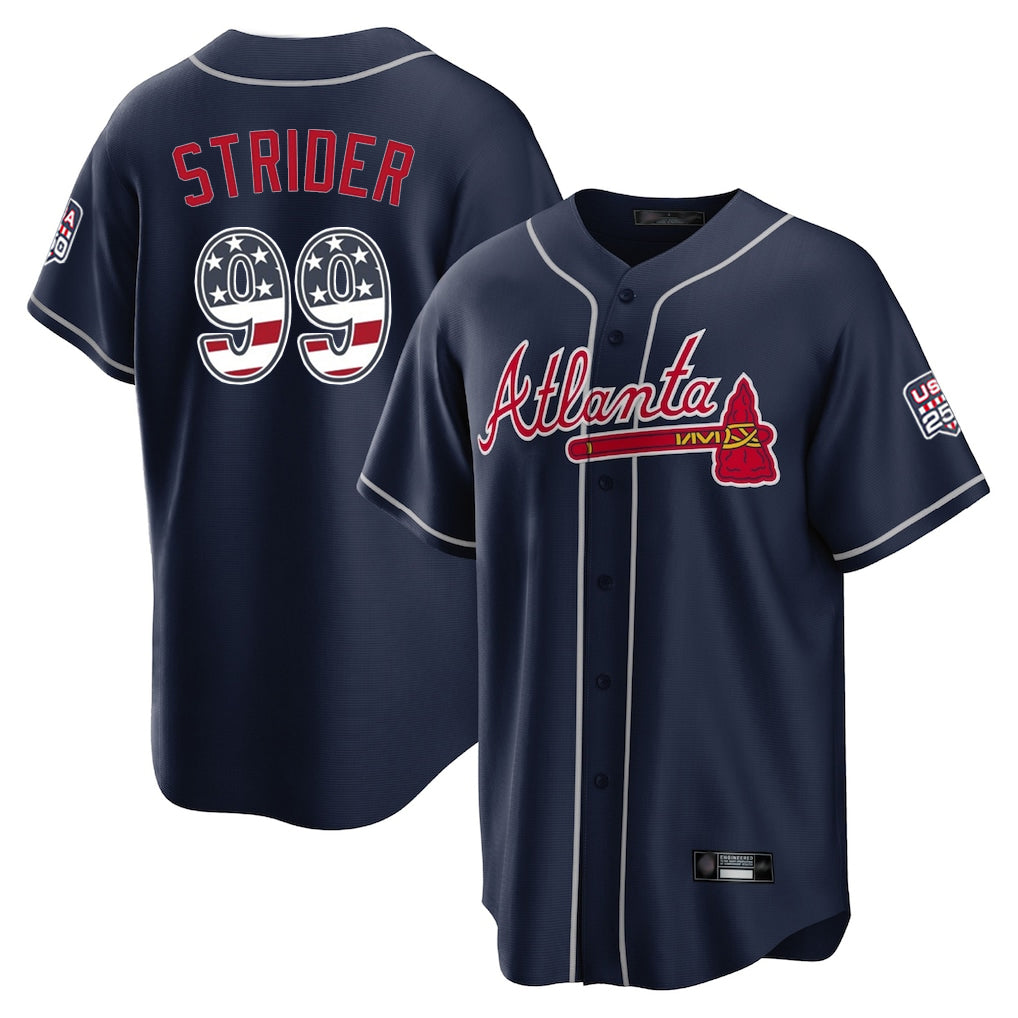Atlanta Braves #99 Spencer Strider Player Navy HeidiMiller USA 250 Fourth Of July Limited Home Game Stitched Jerseys