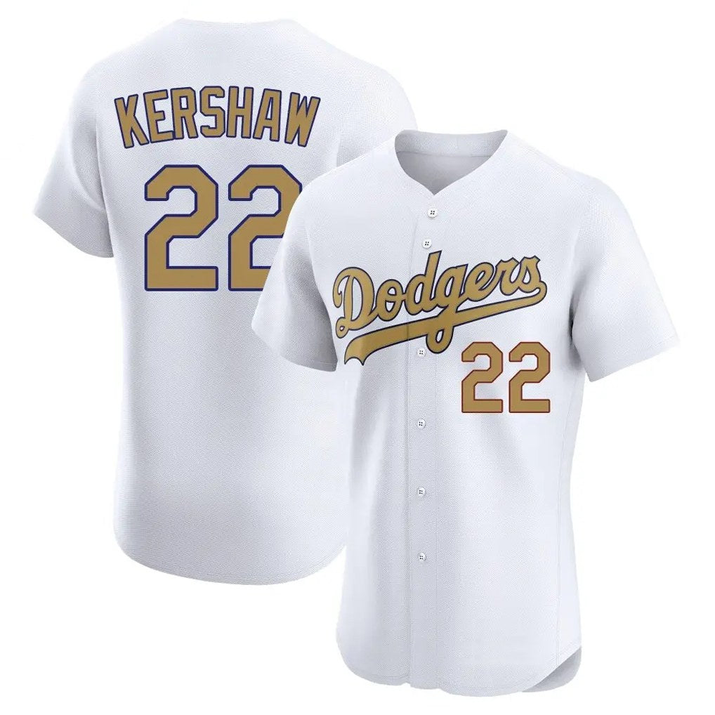 Los Angeles Dodgers #22 Clayton Kershaw Player White Gold HeidiMiller Limited Elite Home Stitched Jerseys