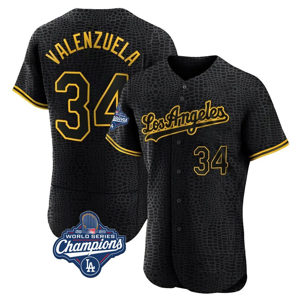 Los Angeles Dodgers #34 Fernando Valenzuela Player Black HeidiMiller World Series Meet Snake Skin City Limited Elite Home Stitched Jerseys