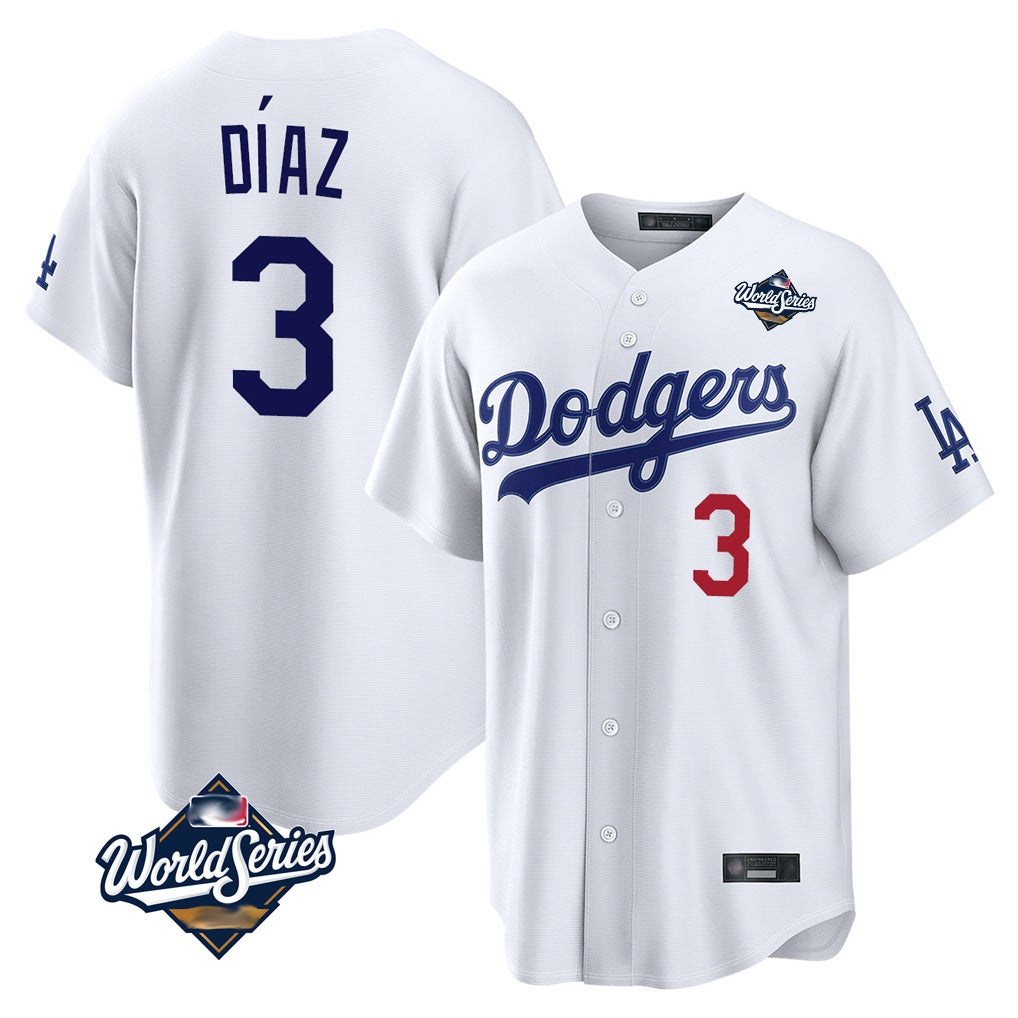 Los Angeles Dodgers #3 Edwin D¨ªaz Player White HeidiMiller World Series Home Game Stitched Jerseys