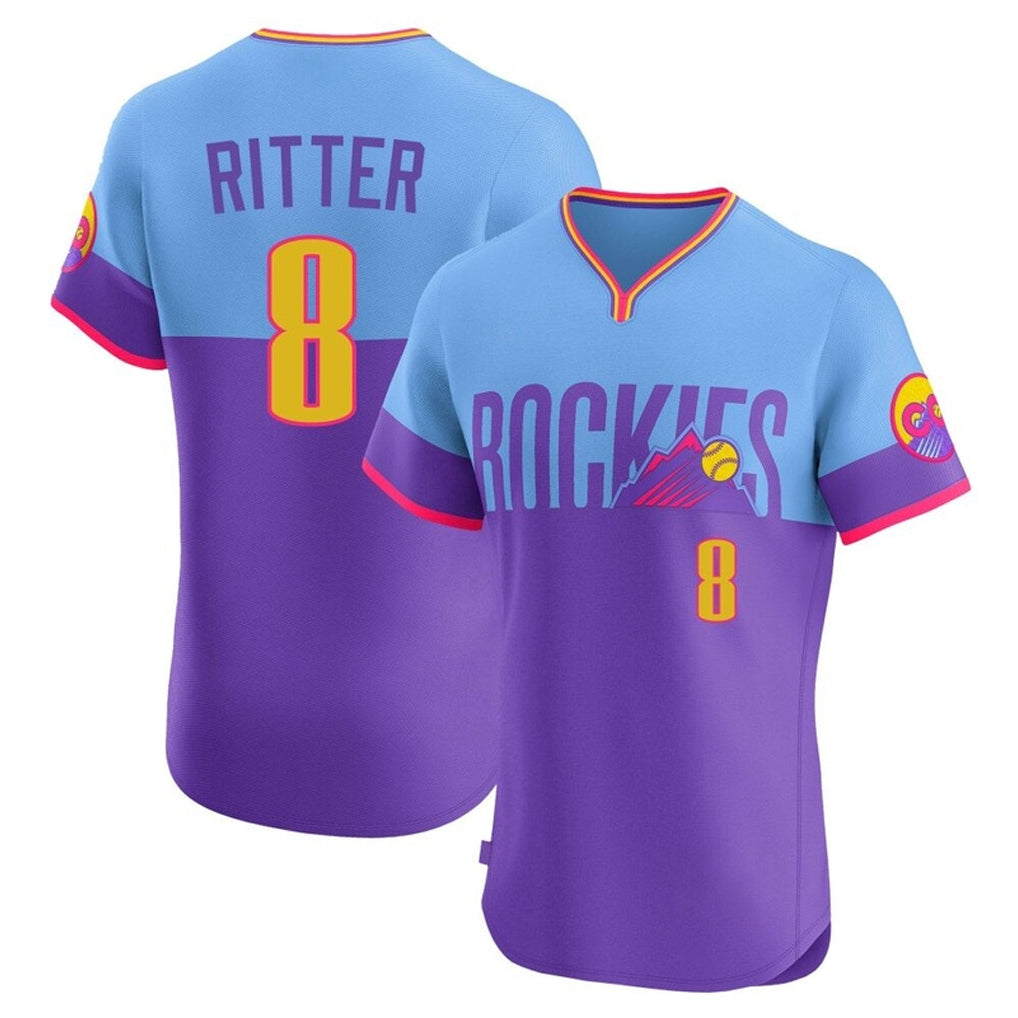 Colorado Rockies #8 Ryan Ritter Player Purple-Light Blue HeidiMiller City Connect Limited Elite Home T-shirt Stitched Jerseys