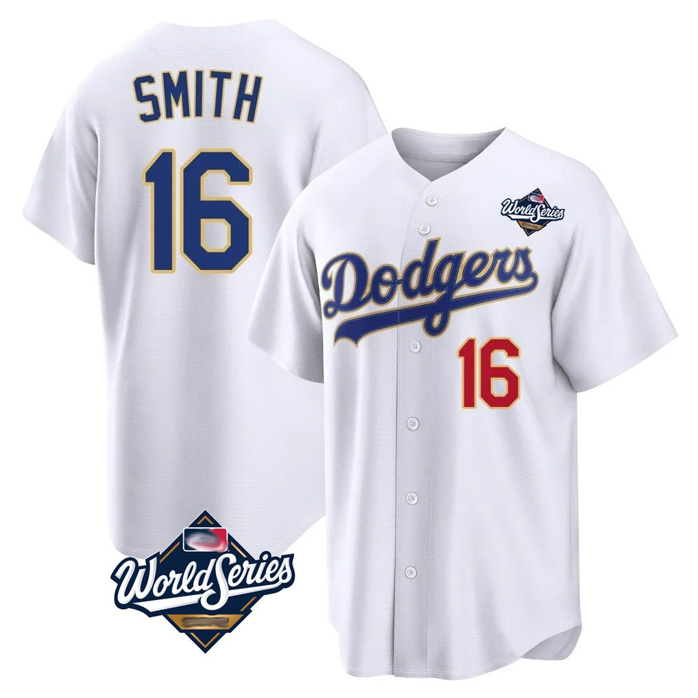 Los Angeles Dodgers #16 Will Smith Player Gold White HeidiMiller World Series 2026 Collection Stadium Limited Stitched Jerseys