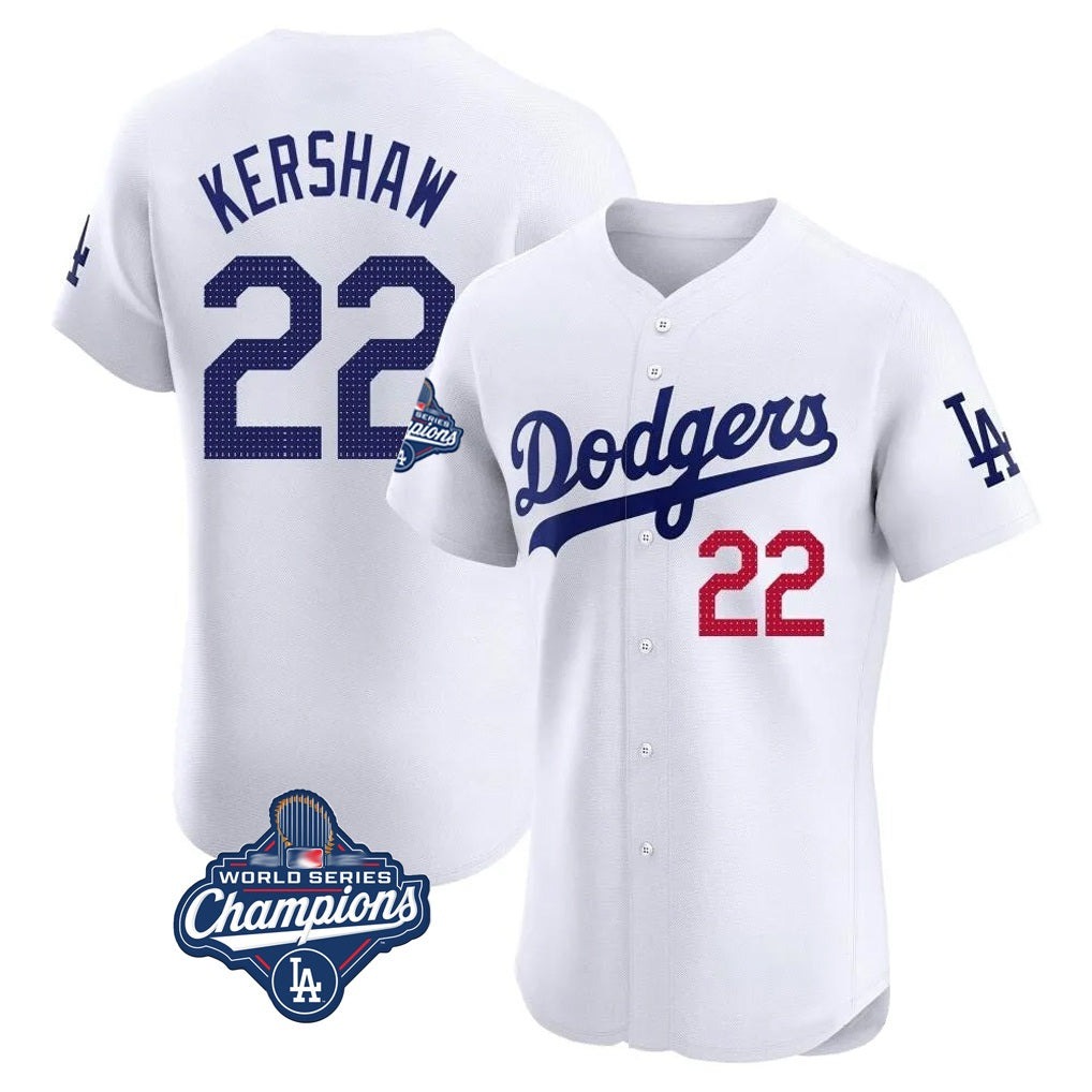 Los Angeles Dodgers #22 Clayton Kershaw Player White HeidiMiller World Series Meet Limited Elite Stitched Jerseys