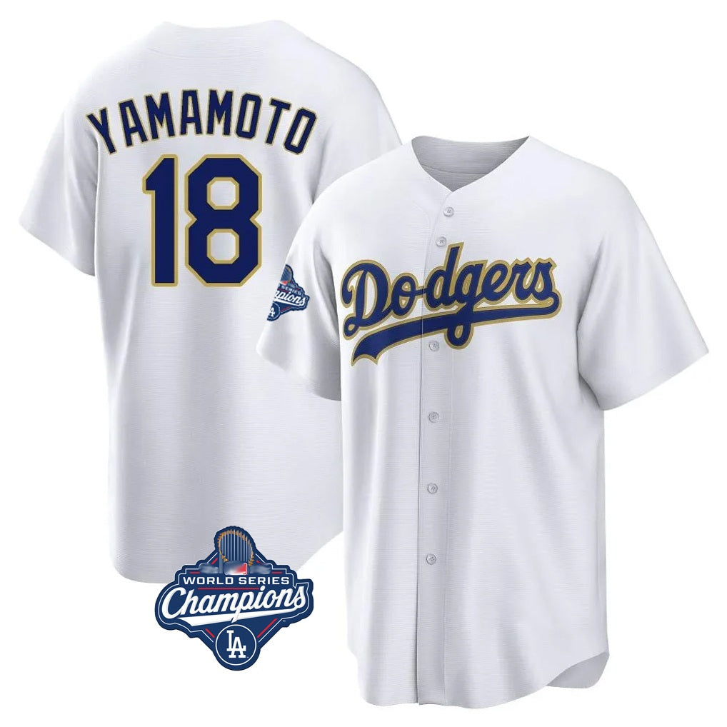 Los Angeles Dodgers #18 Yoshinobu Yamamoto Player Gold White HeidiMiller World Series Meet 2026 Collection Stadium Game Stitched Jerseys