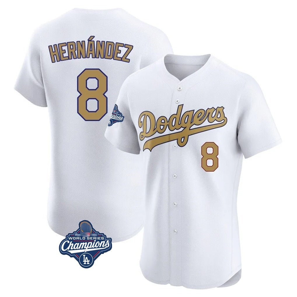 Los Angeles Dodgers #8 Enrique Hern¨¢ndez Player White Gold HeidiMiller World Series Meet Limited Elite Home Stitched Jerseys