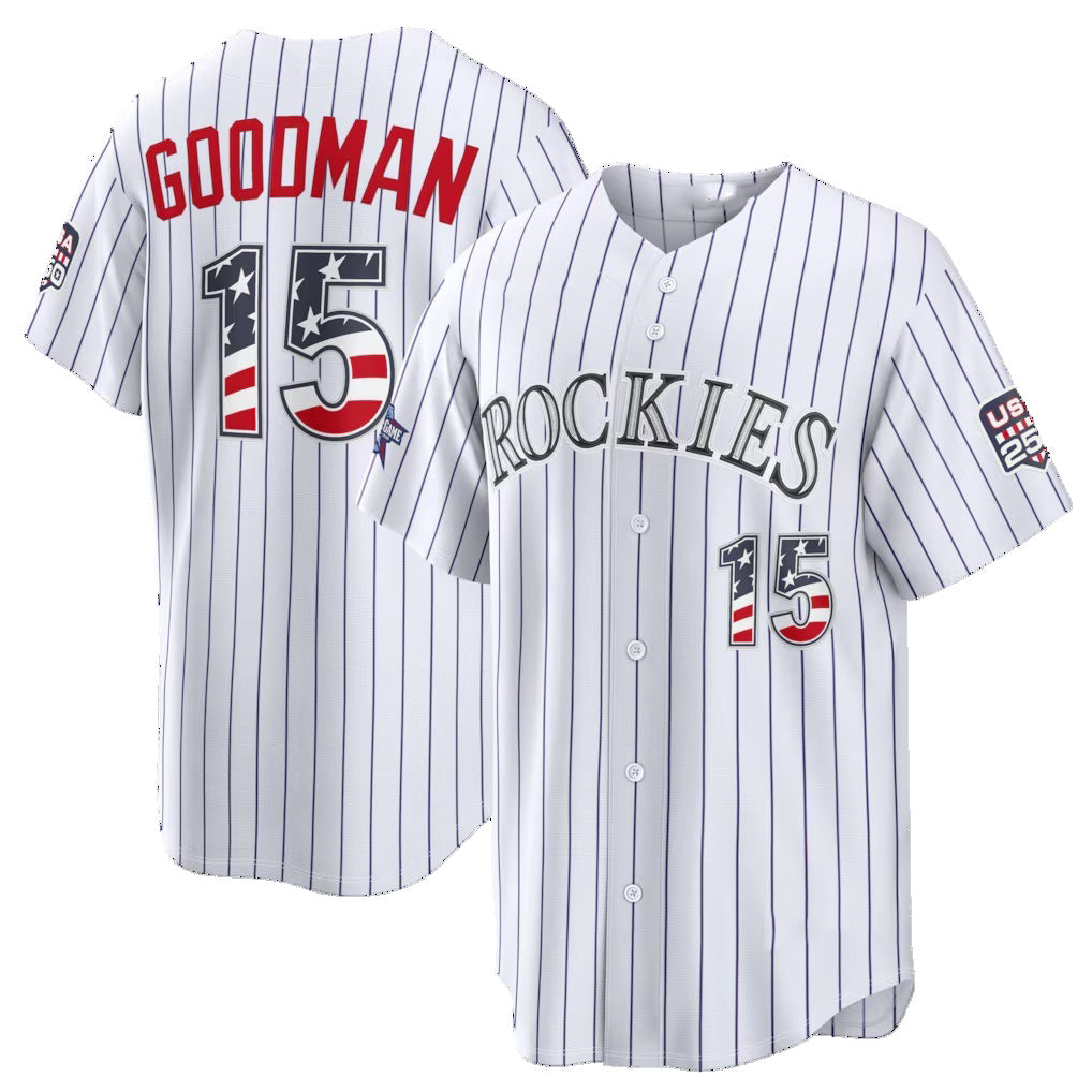 Colorado Rockies #15 Hunter Goodman 2026 All-Star Edition Stars & Stripes White HeidiMiller Stadium Jersey