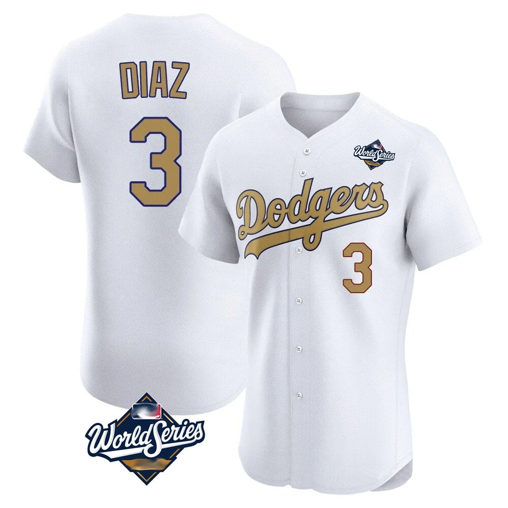 Los Angeles Dodgers #3 Edwin D¨ªaz Player Gold HeidiMiller World Series Limited Elite Home Stitched Jerseys