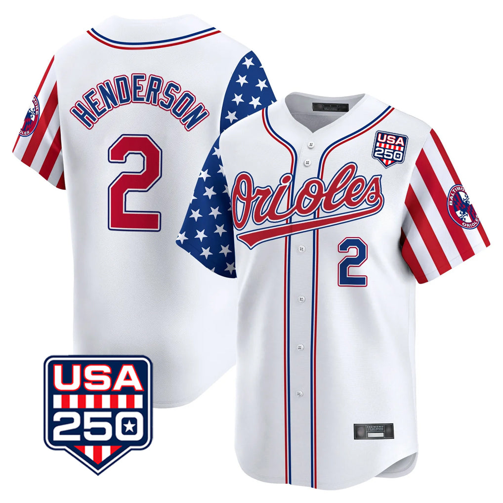 Baltimore Orioles #2 Gunnar Henderson Player White HeidiMiller USA 250 Independence Day Vapor Premier Home Game Stitched Jerseys