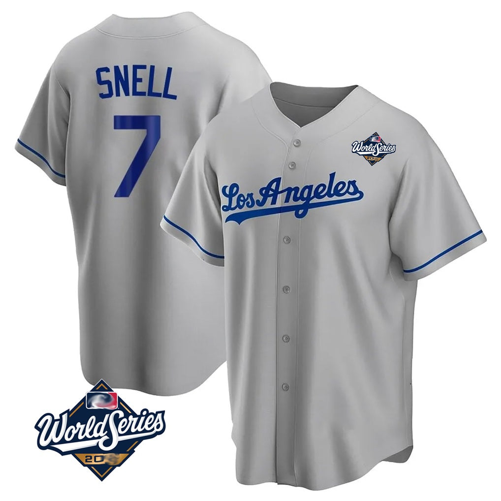 Los Angeles Dodgers #7 Blake Snell Player Gray HeidiMiller World Series Road Game Stitched Jerseys