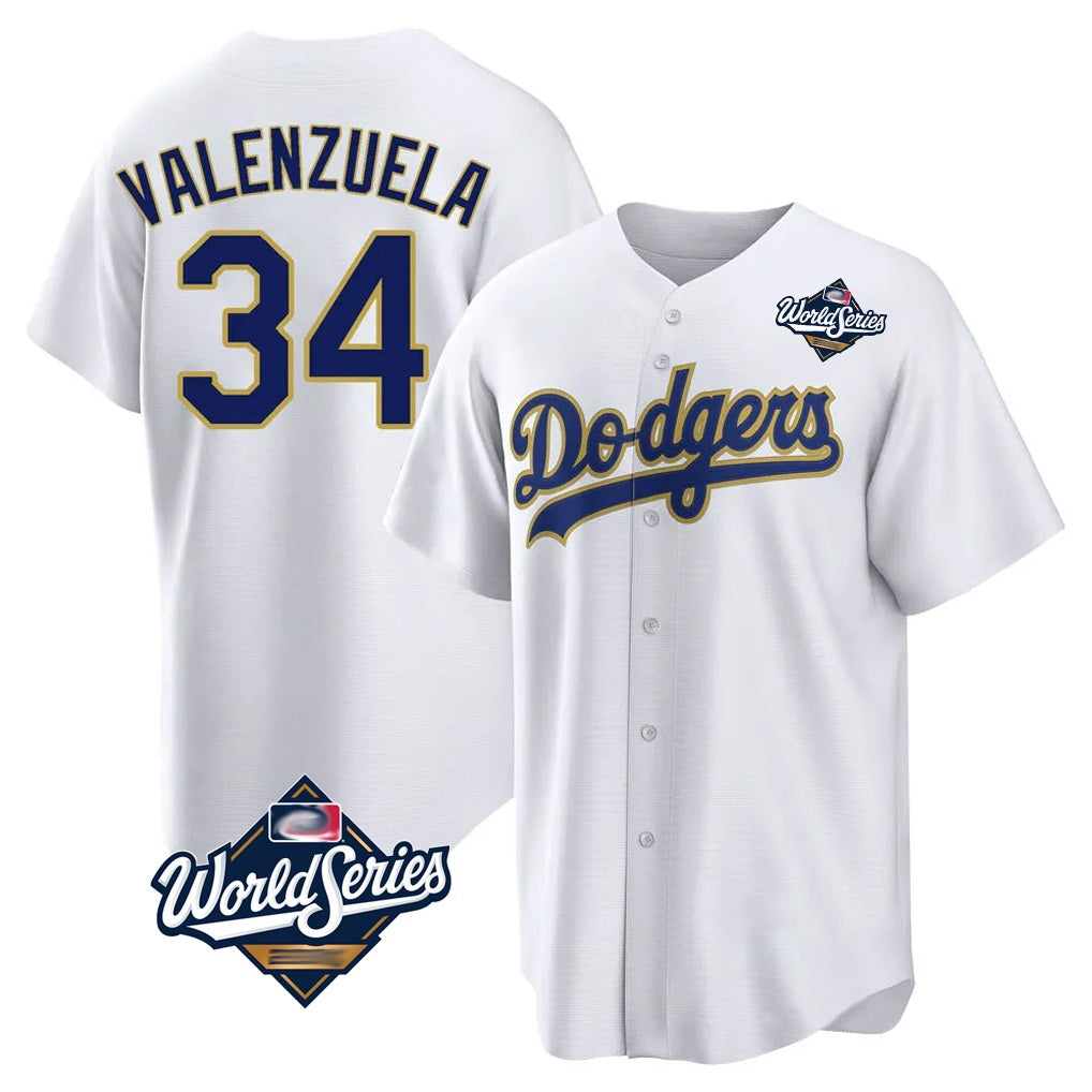 Los Angeles Dodgers #34 Fernando Valenzuela Player Gold White HeidiMiller World Series 2026 Collection Stadium Game Stitched Jerseys