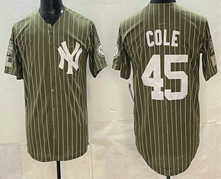 New York Yankees #45 Gerrit Cole Olive HeidiMiller Pinstripe 2026 Armed Forces Day Salute To Service Jersey