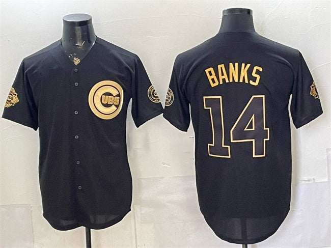 Chicago Cubs #14 Ernie Banks Black Gold HeidiMiller 150th Anniversary Patch Stitched Jersey