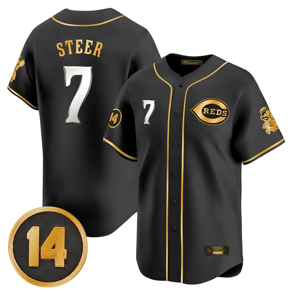 Cincinnati Reds #7 Spencer Steer Player Black-Gold HeidiMiller Vapor Premier Limited Home Stitched Jerseys