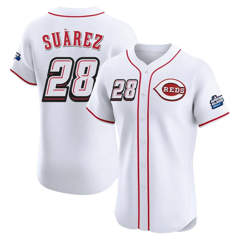 Cincinnati Reds #28 Eugenio Su¨¢rez Player White HeidiMiller Speedway Classic Limited Elite Home Stitched Jerseys