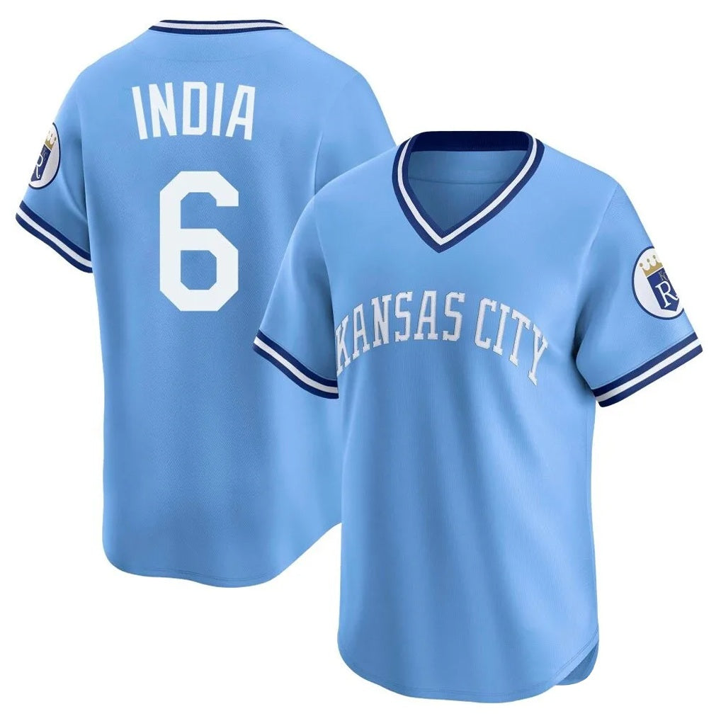 Kansas City Royals #6 Jonathan India Player Light Blue HeidiMiller Limited Throwback Cooperstown Collection T-shirt Stitched Jerseys