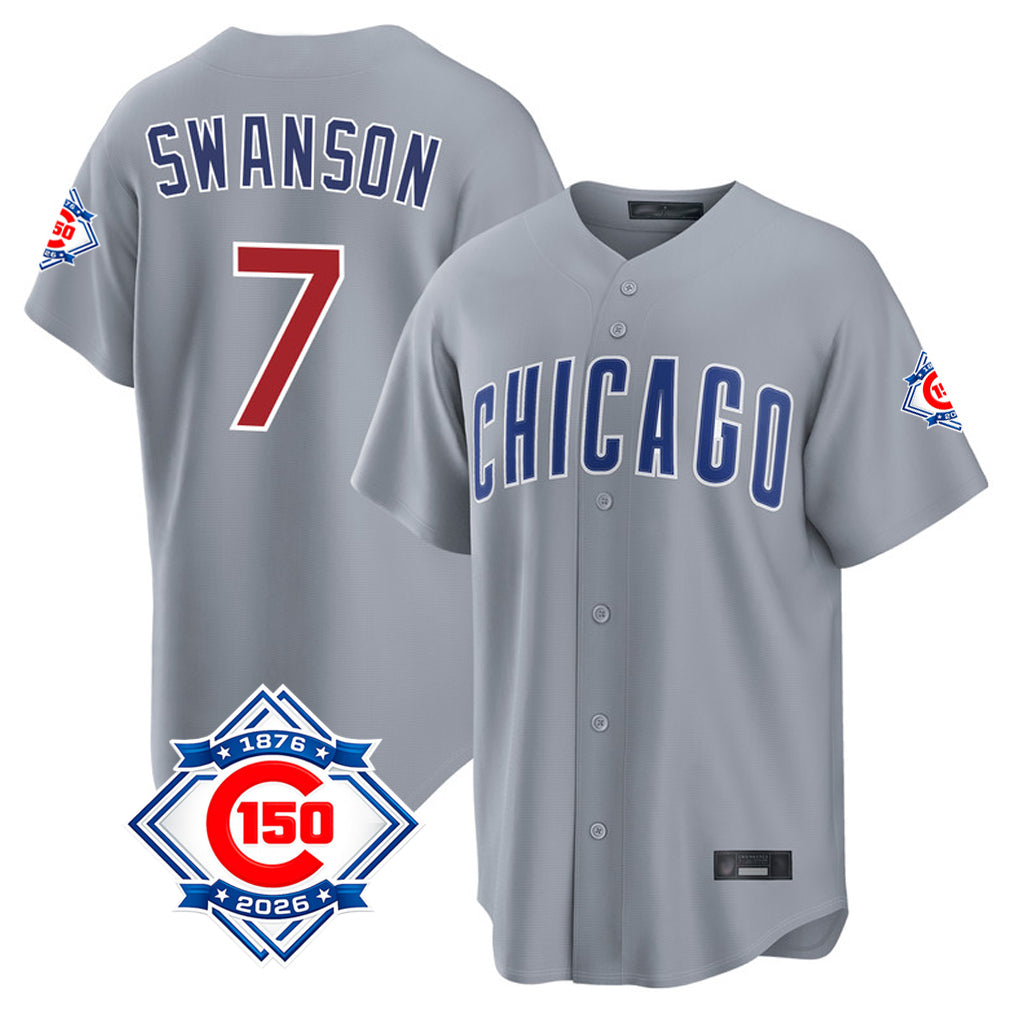 Chicago Cubs #7 Dansby Swanson Player Gray HeidiMiller 150th Anniversary Home Game Stitched Jerseys