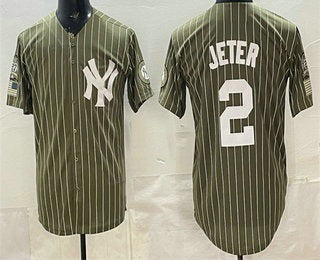 New York Yankees #2 Derek Jeter Olive HeidiMiller Pinstripe 2026 Armed Forces Day Salute To Service Jersey