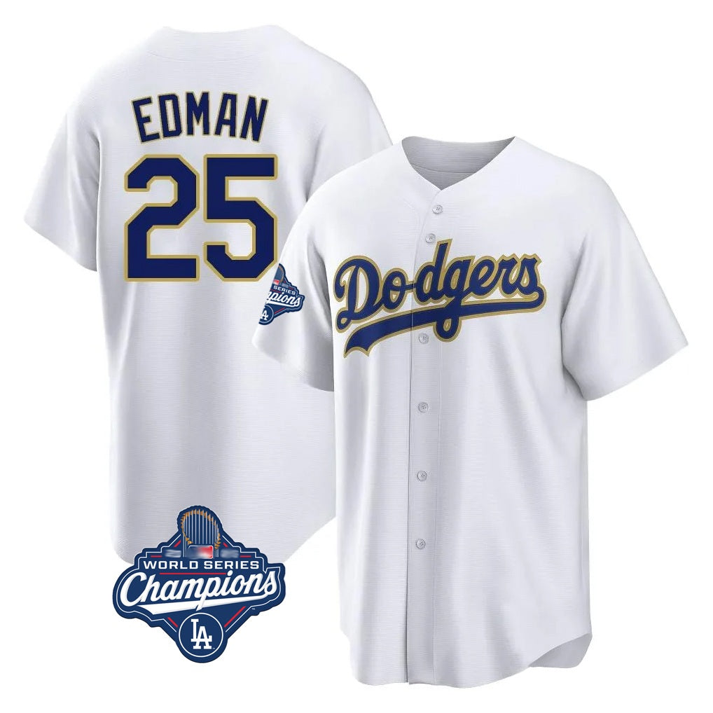 Los Angeles Dodgers #25 Tommy Edman Player Gold White HeidiMiller World Series Meet 2026 Collection Stadium Game Stitched Jerseys