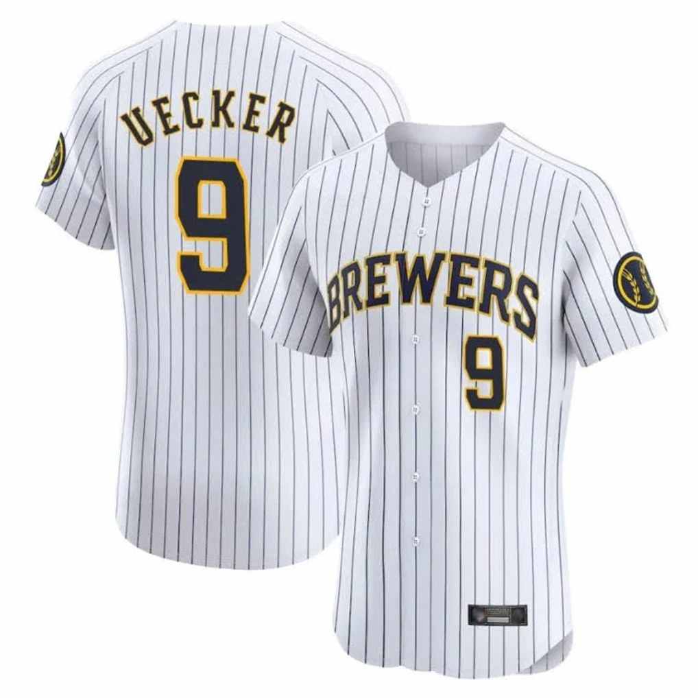 Milwaukee Brewers #9 Bob Uecker Player White HeidiMiller Stripes Home Limited Elite Stitched Jerseys