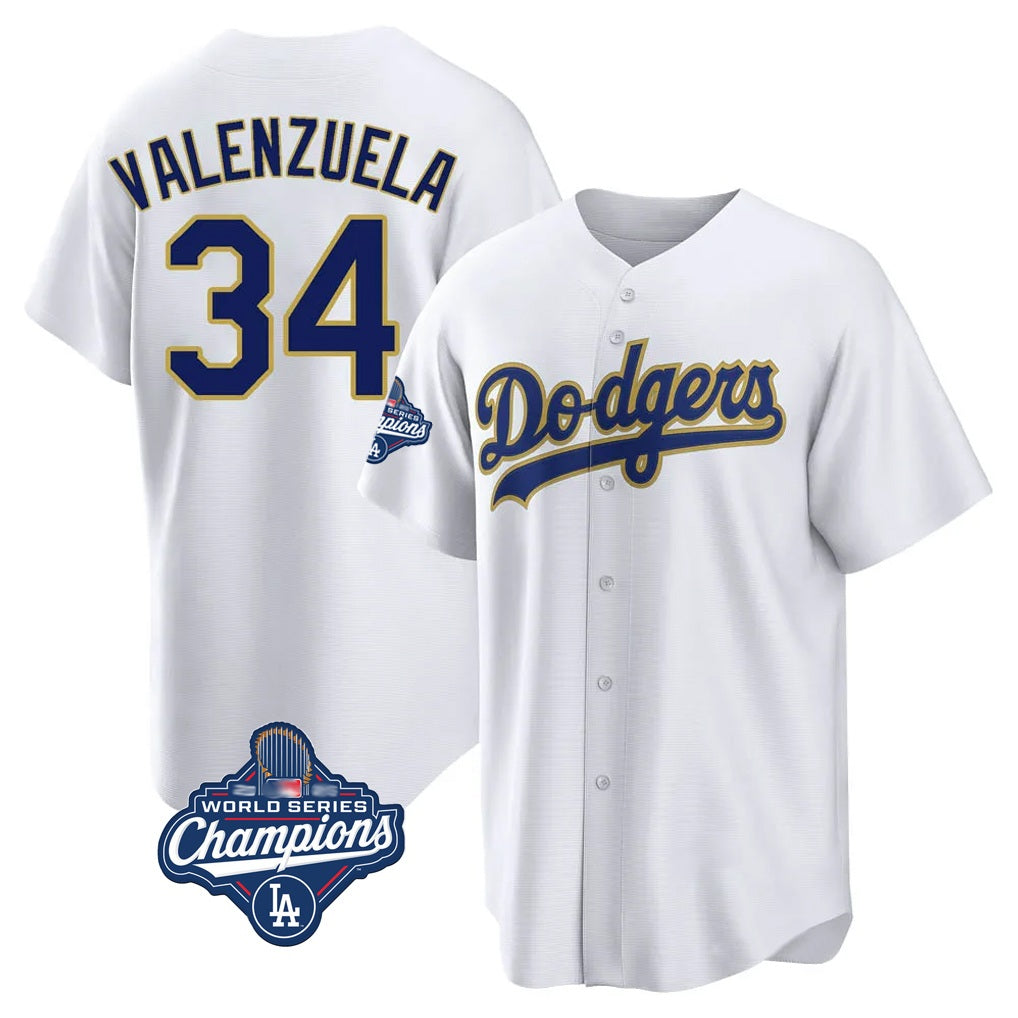 Los Angeles Dodgers #34 Fernando Valenzuela Player Gold White HeidiMiller World Series Meet 2026 Collection Stadium Game Stitched Jerseys