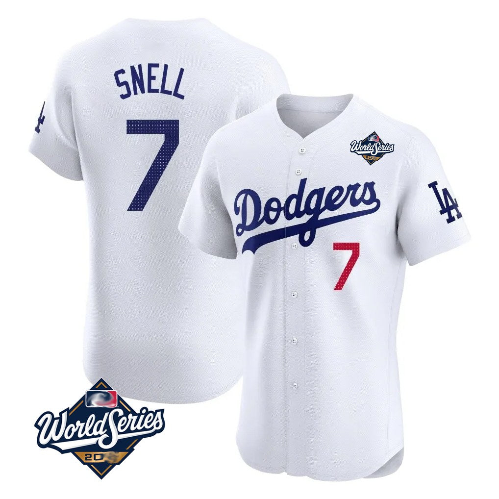 Los Angeles Dodgers #7 Blake Snell Player White HeidiMiller Limited Elite World Series Home Stitched Jerseys