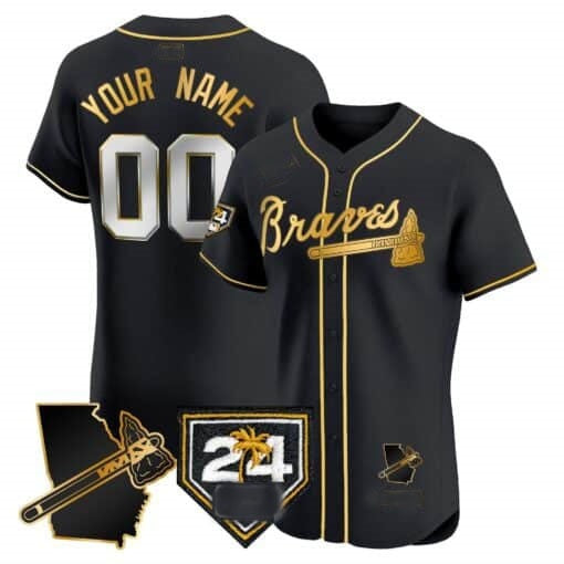 Custom Atlanta Braves 2024 Spring Training & Georgia Patch Vapor Premier Elite Jersey ¨C Black Gold HeidiMiller