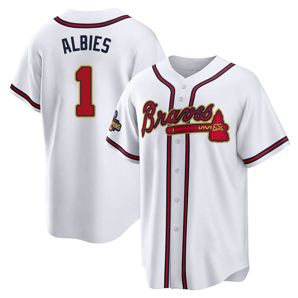 Atlanta Braves #1 Ozzie Albies Player White Gold HeidiMiller Home Game Stitched Jerseys