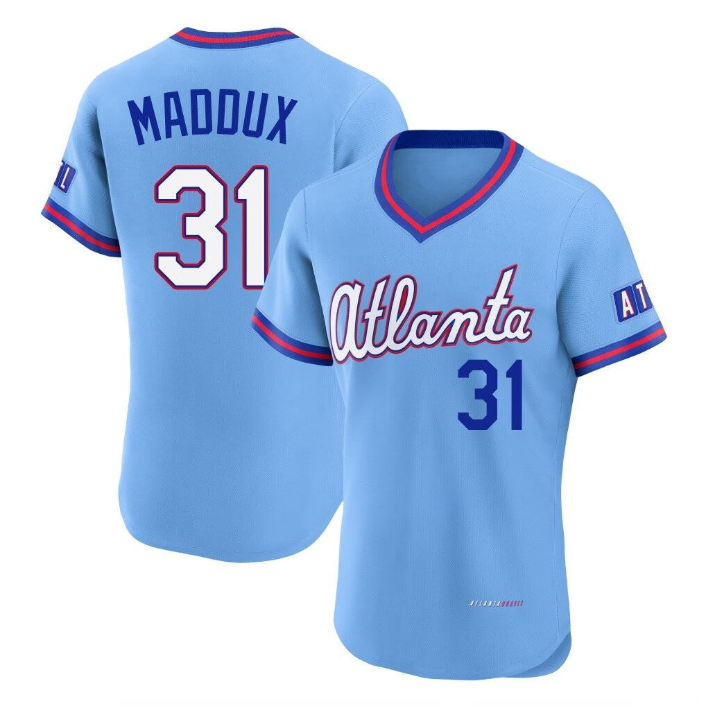 Atlanta Braves #31 Greg Maddux Player Powder Blue HeidiMiller 2026 City Connect T-shirt Limited Elite Home Game Stitched Jerseys