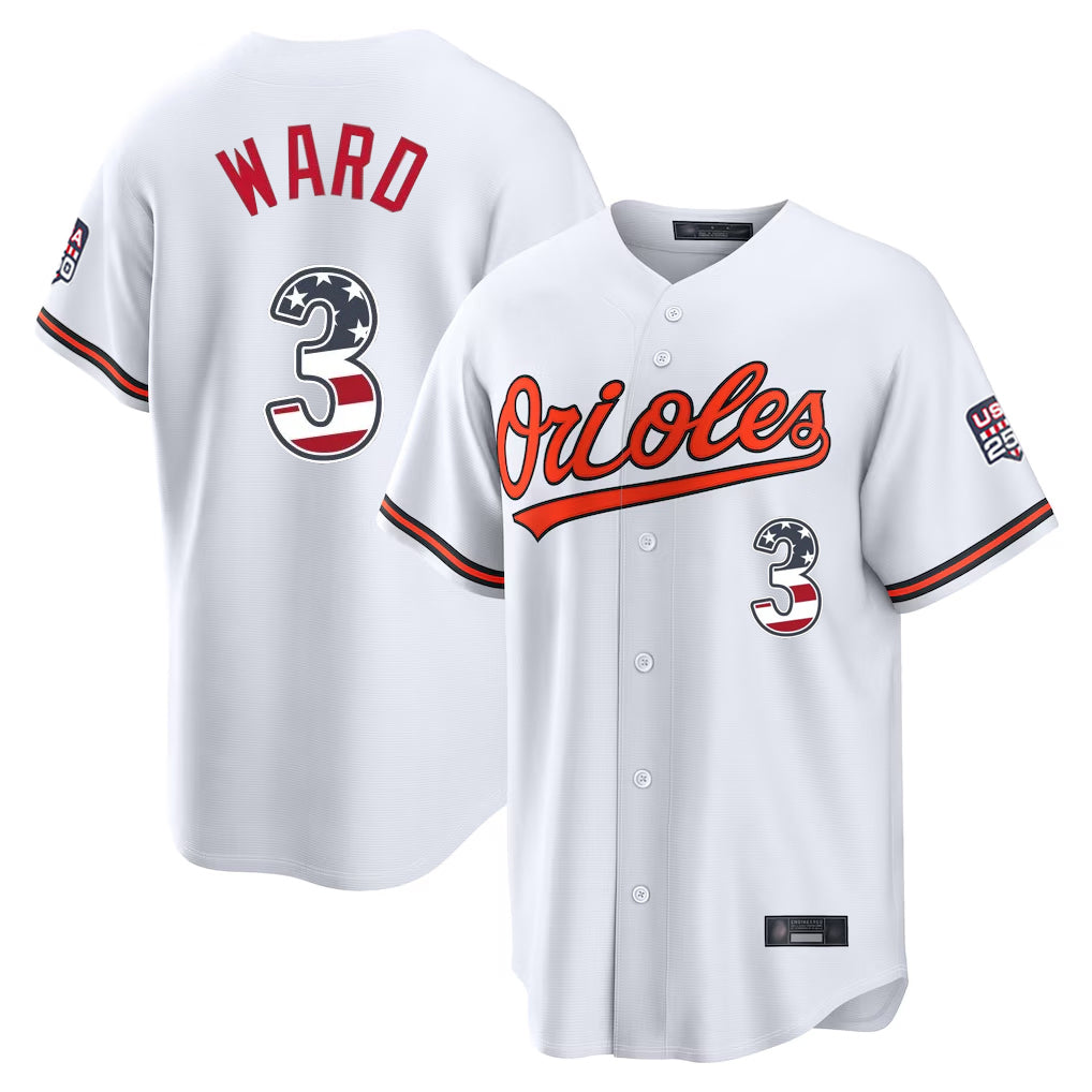 Baltimore Orioles #3 Taylor Ward Player White HeidiMiller USA 250 Fourth of July Home Game Stitched Jerseys