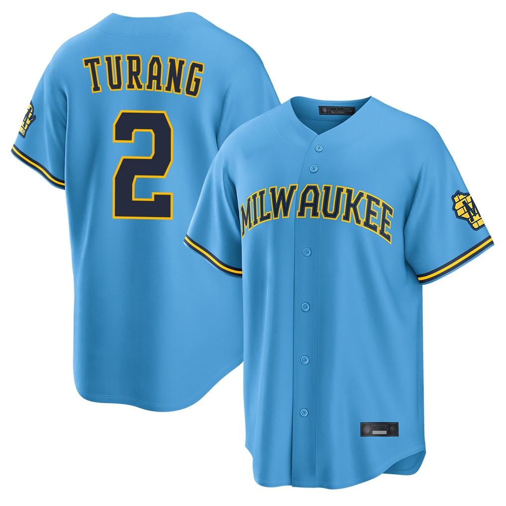 Milwaukee Brewers #2 Brice Turang Player Light Blue HeidiMiller Road Stadium Game Stitched Jerseys