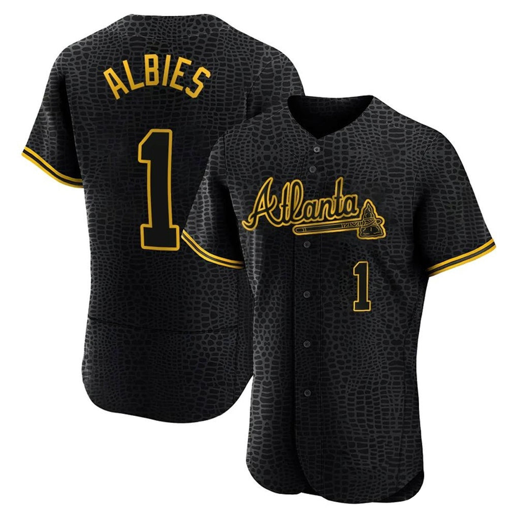 Atlanta Braves #1 Ozzie Albies Player Black HeidiMiller Snake Skin City Limited Elite Home Game Stitched Jerseys