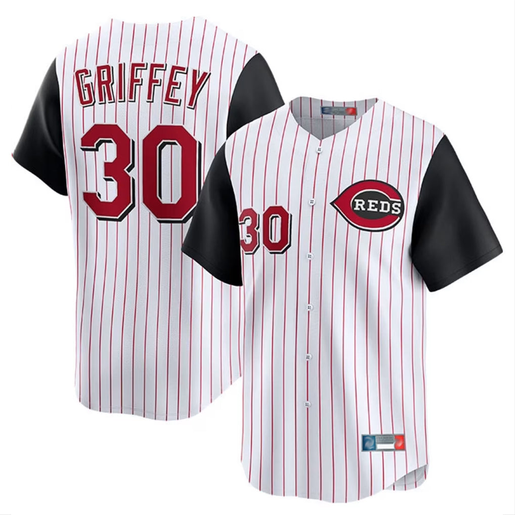 Cincinnati Reds #30 Ken Griffey Player White Black HeidiMiller Stripe Field of Dreams Game Home Stitched Jerseys
