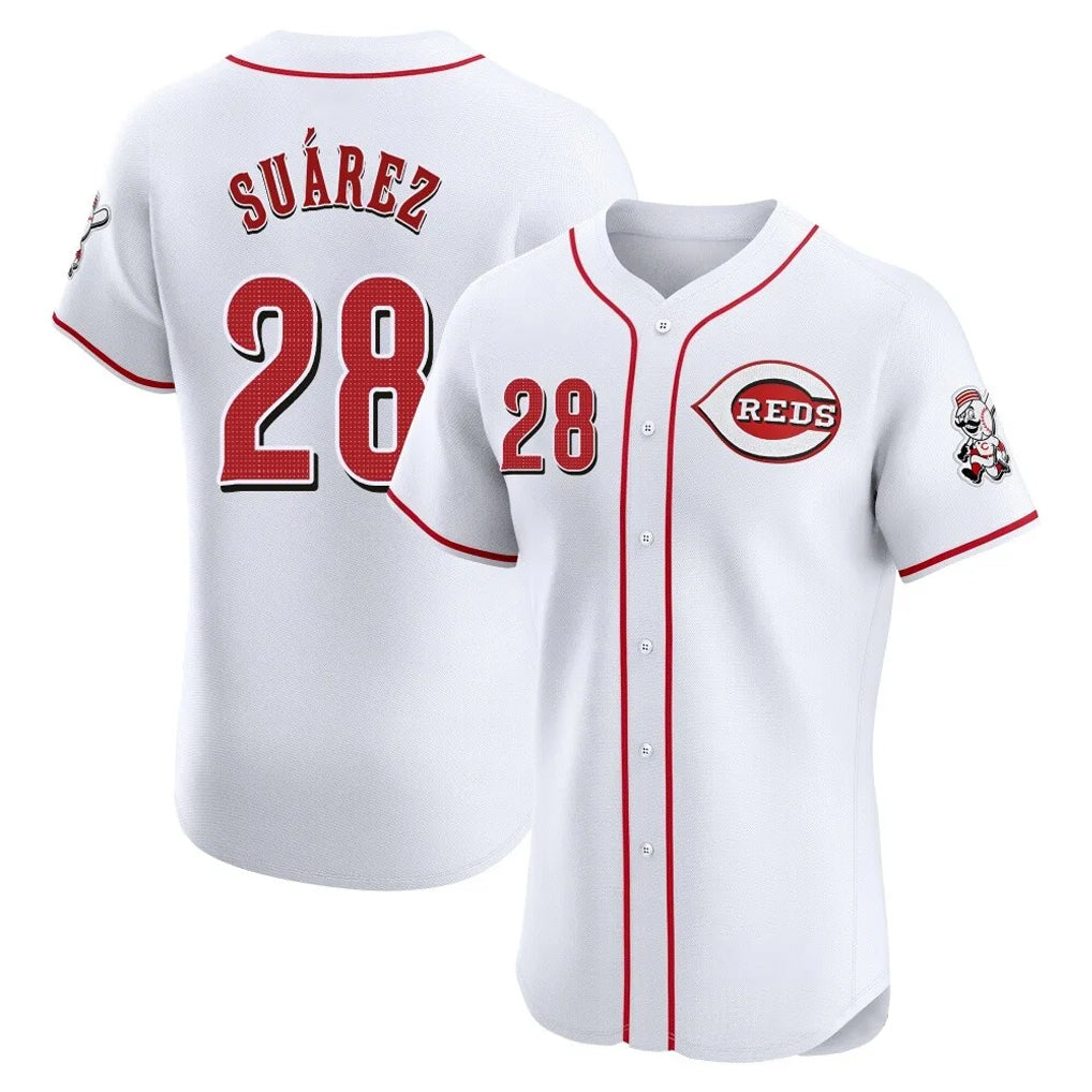 Cincinnati Reds #28 Eugenio Su¨¢rez Player White HeidiMiller Limited Elite Home Stitched Jerseys