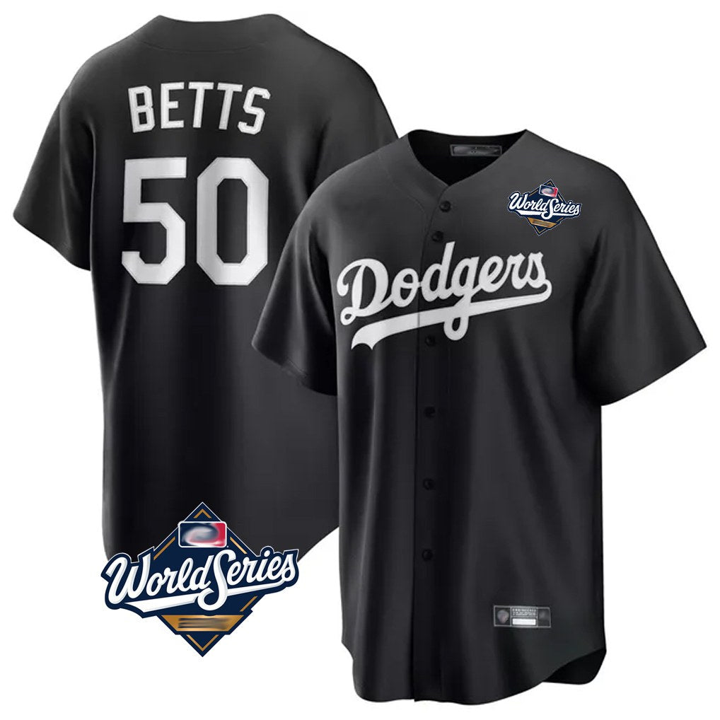 Los Angeles Dodgers #50 Mookie Betts Player Black HeidiMiller World Series Carbon Limited Game Stitched Jerseys