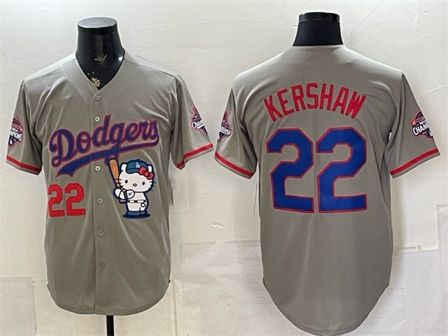 Los Angeles Dodgers #22 Clayton Kershaw Grey HeidiMiller Hello Kitty Night 2025 World Series Champions Patch Stitched Jersey